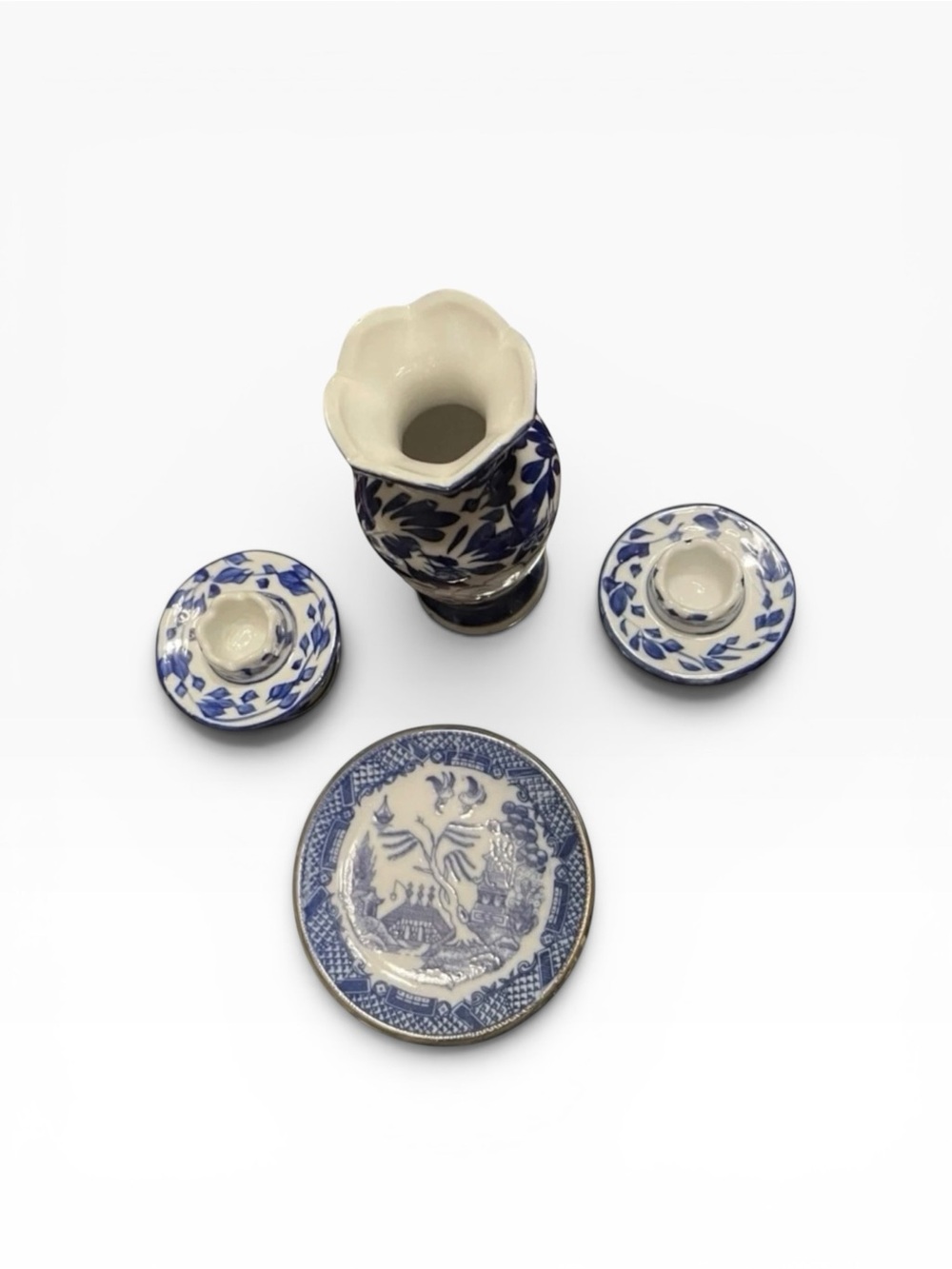 Vintage Mini Blue White Chinoiserie Ceramic Vase Plate Candle Holder Set - Picture 3 of 11